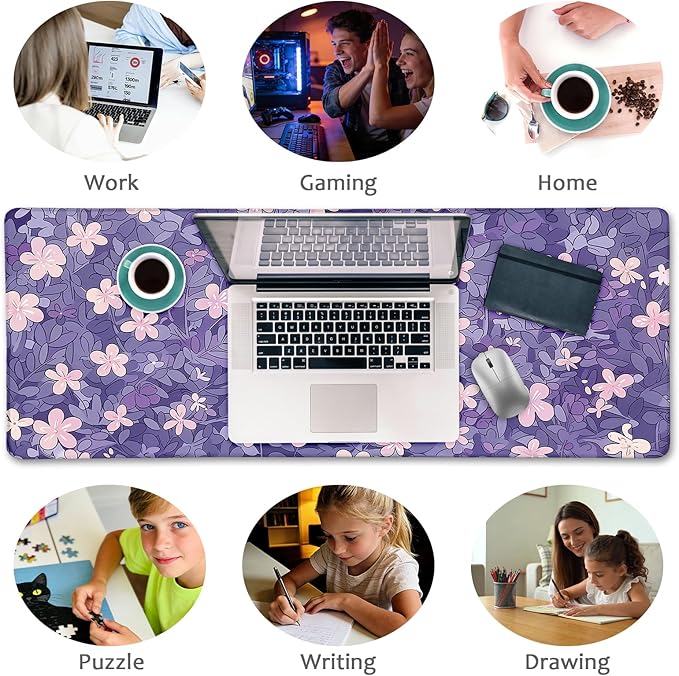 Cat Purple Mouse Pad Large Desk Mat, Kawaii Purple Computer Mousepad with Stitched Edges Non-Slip, Keyboard Mouse Pad for Desktop Cute Office Supplies Desk Decor Accessories 31.5x11.8 in