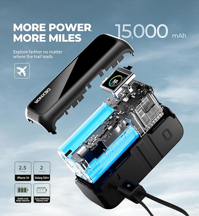 Dexnor 3-in-1 Power Bank, 15,000mAh Battery Pack with 65W Output, Foldable AC Plug, Built-in USB Handle Cable, Support PD3.0 and PPS Fast Charging, Sleek Portable Charger for iPhone, Samsung, etc.
