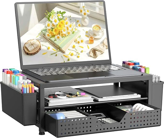 OPNICE Laptop Stand Desk Organizer, 2-Tier Metal Monitor Stand Riser with Drawer & 2 Pen Holders, Ventilated Perforated Steel Top, Office Desk Accessories for Home Office, Black