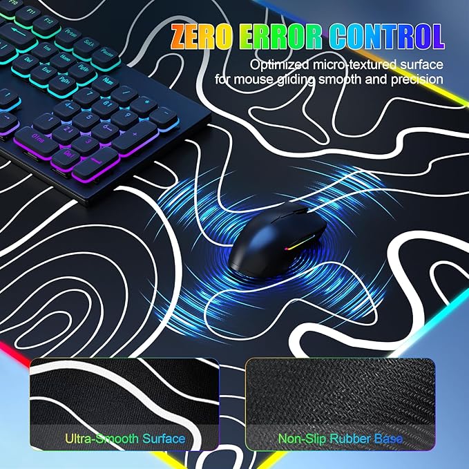 Mouse Pad with Foldable Phone Holder, Wireless Charging Desk Mat, RGB Gaming Mousepad Large Desk Pad with Non-Slip Base, Waterproof Keyboard Pad, Classic Black (XXL Stand Topographic)