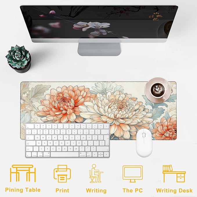 Desk Mat Blooming Chrysanthemums Desk Pad for Keyboard and Mouse, Large Mousepad with Stitched Edges for Work Game Office, 31.5 x 11.8 in
