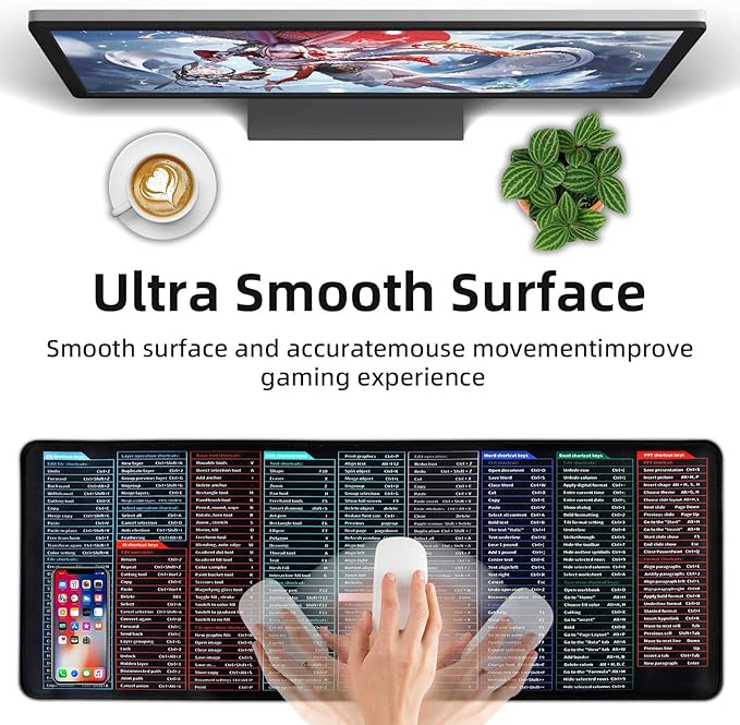 Quick Key Keyboard Mouse Pad, Non-Slip Desk Mat with Office Software Shortcuts Pattern, Upgraded Extended Large Rubber Base Mice Smooth Cloth Mouse Pad Desk Mat