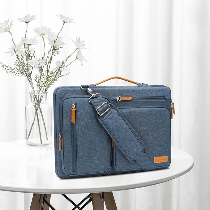 MOSISO 360 Protective Laptop Shoulder Bag,13-13.3 inch Computer Bag Compatible with MacBook Pro 14, HP, Dell, Lenovo, Asus Notebook,Side Open Messenger Bag with 4 Zipper Pockets&Handle, Haze Blue