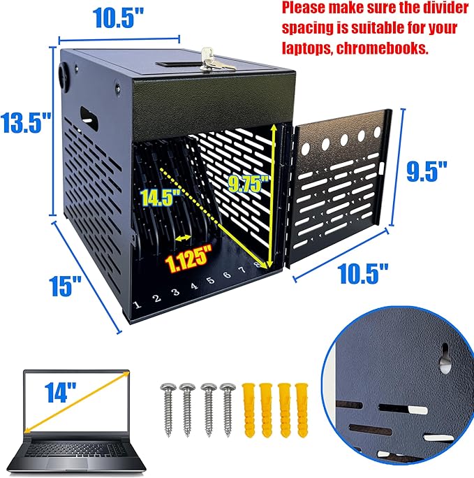 8-Device Tablet Charging Station, Lockable Steel Case Fits 14" Chromebooks, iPads, Laptops & Tablets, Secure Storage with 2 Keys, Ideal for Classrooms, Offices & Hospitals, Black