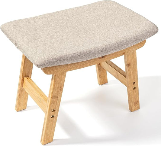 BAMBOO LAND- Bamboo Foot Stools Ottoman, Beige Cushion & Natural Wood Legs, Small Ottoman Foot Rest for Couch