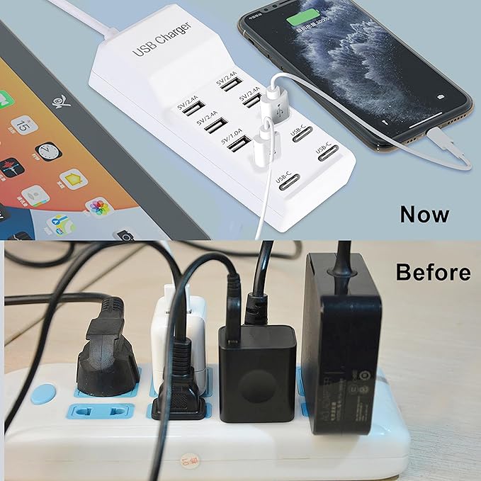 USB Charger,50W USB Charging Station with 10-Port (6 USB-A Port & 4 USB-C Port) Compatible with iPhone 15/14/13/13pro Max 12/12 Mini/12Pro/12 Pro Max/11,Tablets, Smartphones White