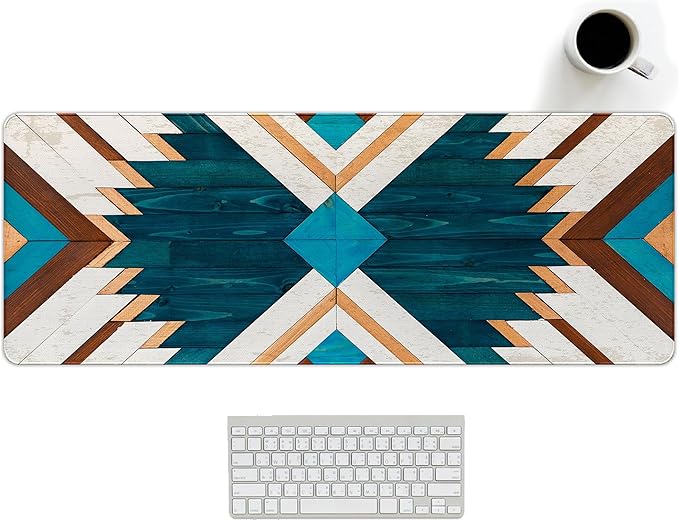 Western Mouse Pad, Western Desk Accessories, Blue Green Aztec Rug Desk Mat Retro Gaming Large Mouse Pad for Desk Vintage Computer Gifts for Cowboy Cowgirl Western Office Decor 31.5x11.8