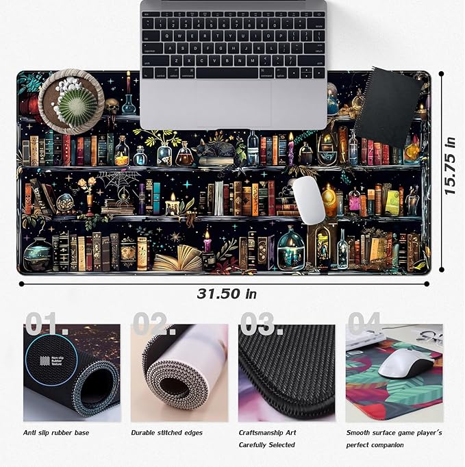 Bookshelf Desk Mat Black Library Aesthetic Desk Pad Large Gaming Mouse Pad 31.5x15.7 in Bookcase XXL Extended Mousepad Book Keyboard Mouse Mat for Work Game Office Home