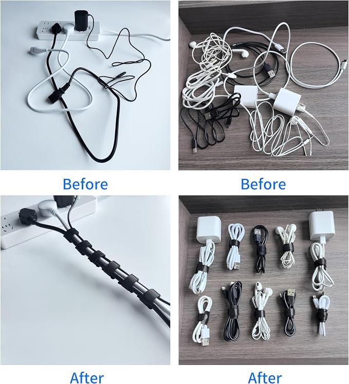 100 PCS 8 Inches Black Reusable Cable Ties, Adjustable Cord Straps, Cable Organizer, Cord Wrap and Hook Loop Cords Management - Image 3