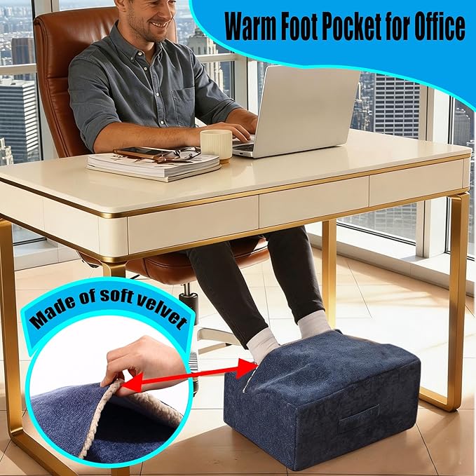 Foot Rest for Under Desk at Work, Office Footrest with Warm Feet Pocket,Ergonomic Under Desk Footrest with Washable Cover, Stool for Office Chair & Back &Pain Relief, (Blue+)