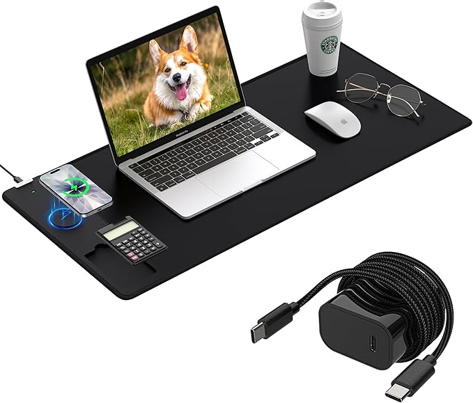 Mouse Pad 31.5x15.75 Inch with Calculator, 15W Magnetic Wireless Charging Desk Mat, XXL Desk Pad, Home Office Large Keyboard Pad with Ultra-Smooth Surface, Non-Slip Base (Black with 20W PD Charger)