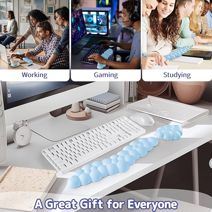 Sushret Cloud Wrist Rest for Keyboard and Mouse, Memory Foam PU Leather Keyboard Wrist Rest with Ergonomic Support, Non-Slip Base, Cute Arm Rest Pad & Palm Cushion, Office Desk Accessory, Blue