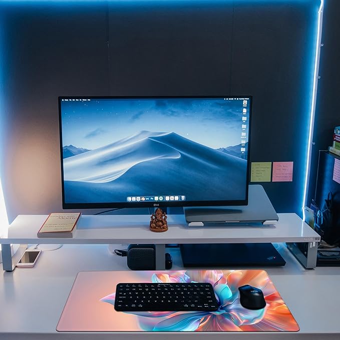 Large Gaming Mouse Pad, Elegant Luxury Colorful Flowers Desk Mat, Holographic Hues Abstract Bloom Desk Pad, 31.5"x15.7" Extended Big Mouse Pad with Non-Slip Base and Stitched Edge