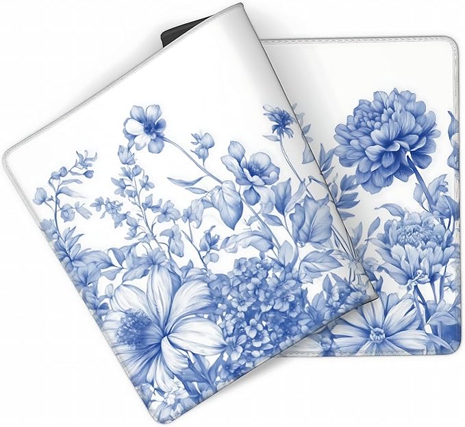 Floral Aesthetic Lotus Gaming Mouse Pad, White Blue Chinoiserie Desk Mat with Anti-Slip Base & Stitched Edges,35.4" x 15.7" in Table Mat for Computer Desktop, Beautiful Workstation Decor