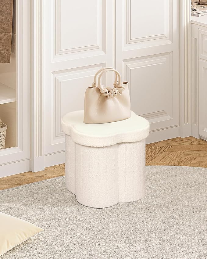 B FSOBEIIALEO Storage Ottoman Cube, Flowers Shaped Ottomans with Storage Foot Stool Footrest for Lving Room, Boucle Ottoman Seat for Dorm Room,Faux Teddy Fur,White 12.6"x12.6"x12.6"