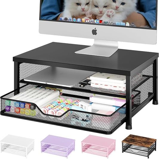 OPNICE Computer Monitor Stand Riser, Desk Organizer with Drawer, Printer & Laptop Stand, Office Desk Accessories & Workspace Desktop Organizers Storage for Office Supplies(Black)