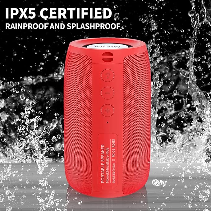 Musibaby Bluetooth Speaker, Wireless,Outdoor, Waterproof,Portable Speaker,Dual Pairing, Bluetooth 5.0,Loud Stereo,Booming Bass,24H Playtime for Home&Party,Gifts(Pure Red)