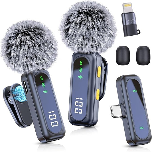 Wireless Mini Microphone for iPhone 15 16, iPad, Android, 2 Pack LED Display Lavalier Microphones with Noise Reduction, Lapel Microphone Mini Mics for Video, Vlog, Tiktok, YouTube