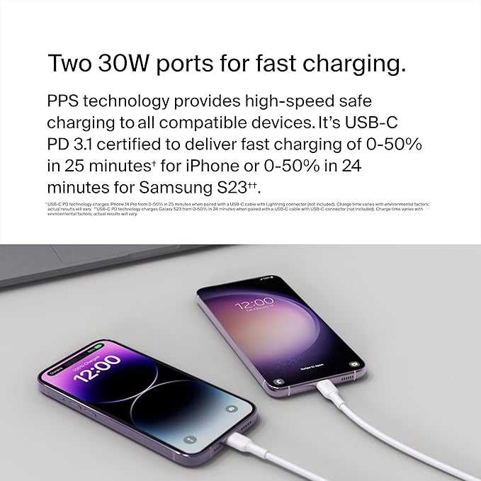 Belkin Dual USB C Charger Block 60W (2 Pack) w/PPS Super Fast Charging - Samsung Galaxy S25, Apple iPhone 17, Air, Pro, Pro Max, iPad, AirPods, Apple Watch, Google Pixel, Nintendo Switch 2 - White