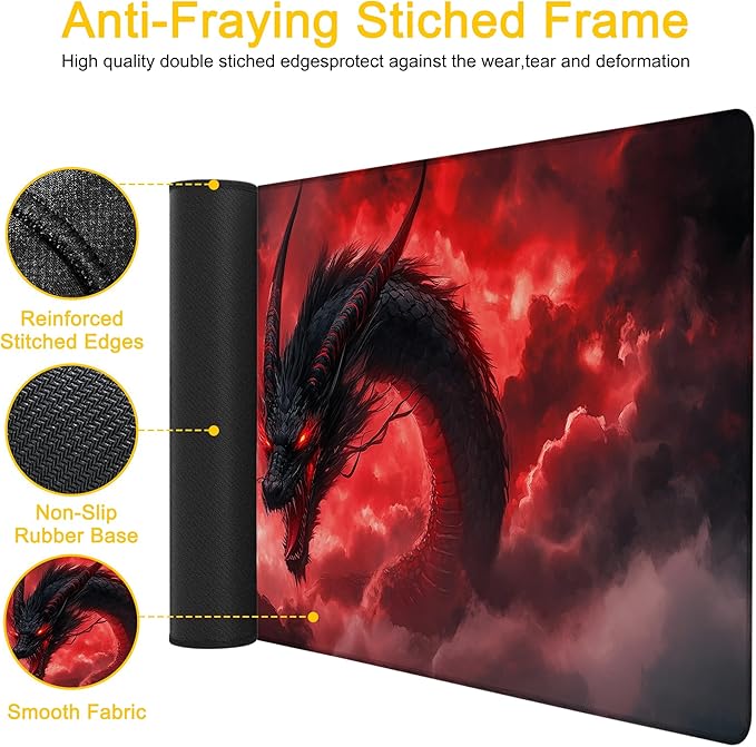 Desk Mat Red Black Dragon Desk Pad for Keyboard and Mouse, Large Big Gaming Mouse Pad with Stitched Edges for Work Game, 35.43 x 15.75 in
