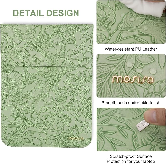MOSISO Laptop Case 13.3 inch, 13-13.3 inch Laptop Sleeve Compatible with MacBook Air/Pro 13/Pro 14,HP Dell ASUS Lenovo Notebook,Embossed Retro Hibiscus PU Leather Case with Small Bag, Sage Green
