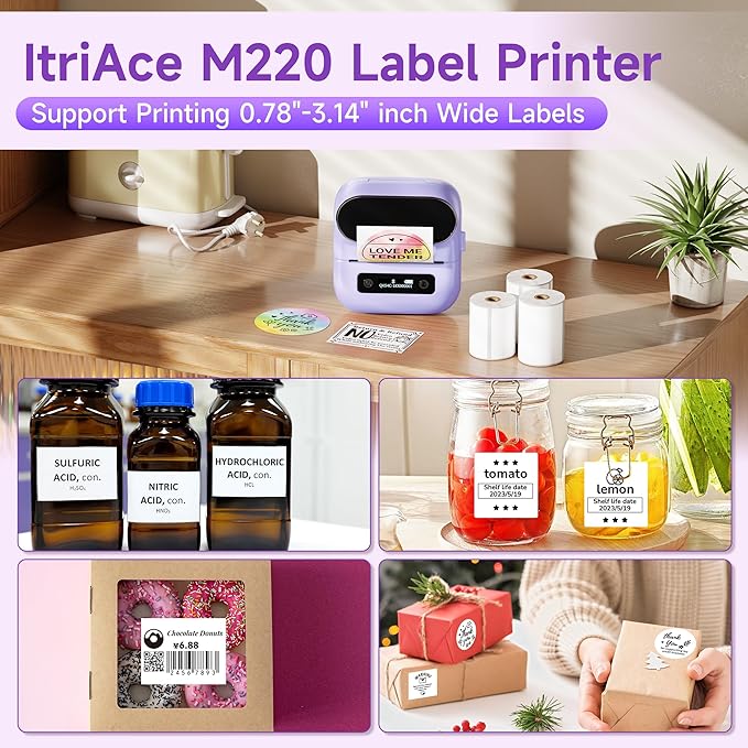 M220 Bluetooth Label Maker, Sticker Maker Support Printing 0.78-3.14 inch, Mini Thermal Printer for Small Business & Home，Portable Printer Compatible with Smartphone and PC （Purple）