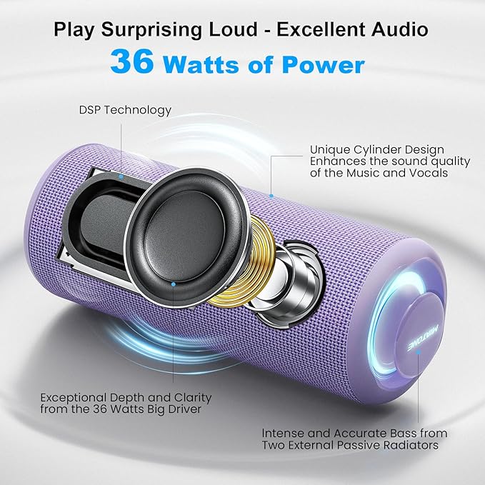 MIATONE Portable Bluetooth Speaker 36W Stereo Sound Bass Boost, 24H Playtime, Bluetooth 5.3 TWS Pairing Girl Friend Gifts for Woman Birthday Present (Purple)