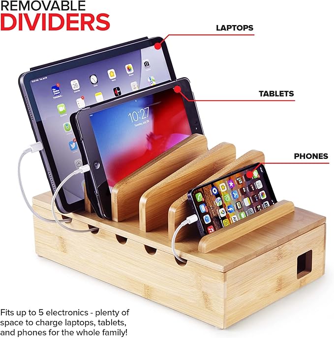 Modern Innovations Bamboo Charging Station for Multiple Devices (Natural) Wood Device Organizer, Desk Docking Stand for Cell-Phone Charger, Compatible with Apple, Android, iPad, iPhone, Tablet, Laptop