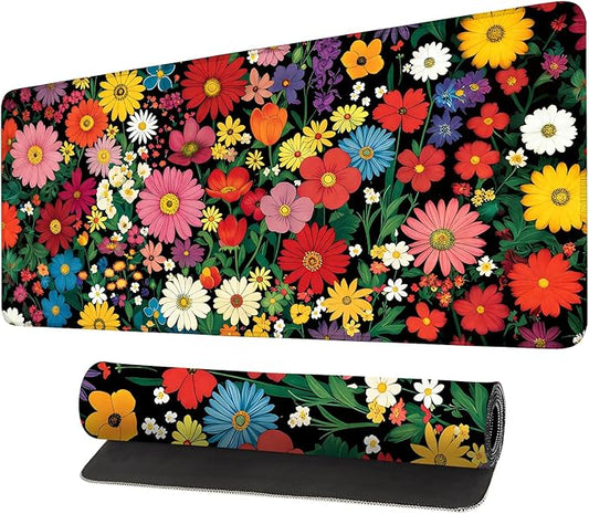 Mouse Pad, Large Anti-Slip with Stitched Edges Desk Mat Desktop Laptop Computer Desk Keyboard Mat,Table Protector Blotter Mat (Flower, 35.4" x 15.7")