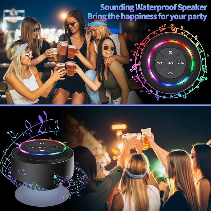 Bluetooth Shower Speaker, Portable Bluetooth Speakers with Suction Cup, IP67 Waterproof Speaker with LED Light, Wireless, Floating, for Camping Beach Travel, Gift for Men, Women