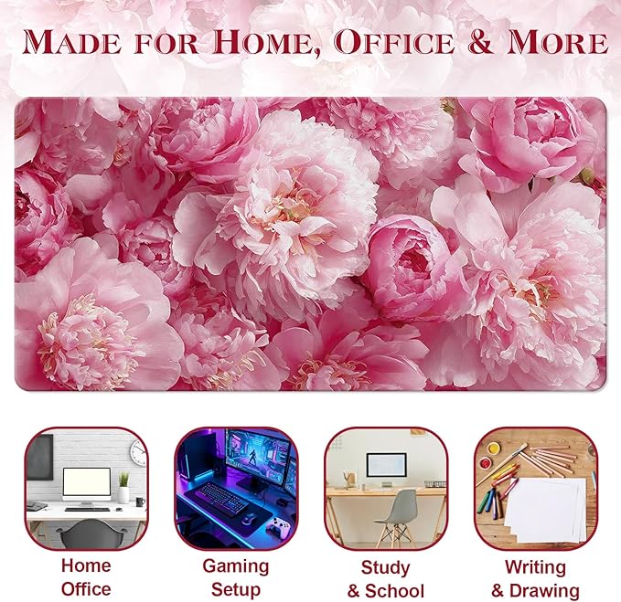 Desk Mat Desk Pad for Keyboard and Mouse, 31.5 x 15.7 in, Pink Peony Floral PU Leather Computer Protector, Non-Slip Base, Waterproof, Easy Clean for Office Gaming, Mouse Pad