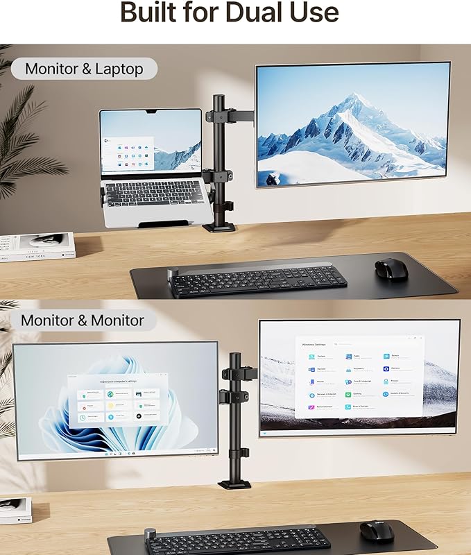 monTEK 2-in-1 Monitor Mount and Laptop Stand for Desk, Ergonomic Height Adjustable Monitor Arm Fit up to 32 inch Screen and 17 inch Laptop, Hold up to 22lbs Weight, C-Clamp and Grommet