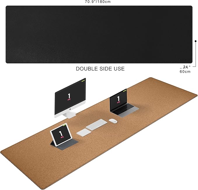 MAIDERN 70.8”x 23.6” Leather Desk Mat XXL, Large Desk Pad, Reversible Cork & Leather Large Mouse pad for Desk, Waterproof Computer Desk Mat for Gaming Home Office (Black) …