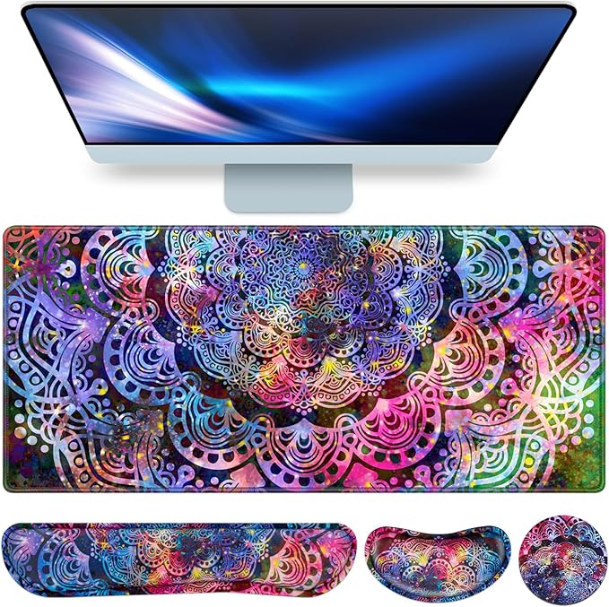 Mouse Pad with Wrist Rest, 4-in-1 Large Mousepad+Keyboard Wrist Rest+Mouse Pad Wrist Support+Cup Pad Set,Ergonomic Anti-Slip,Memory Foam Desk Mat for Home Office Gaming(35.4×15.7in)