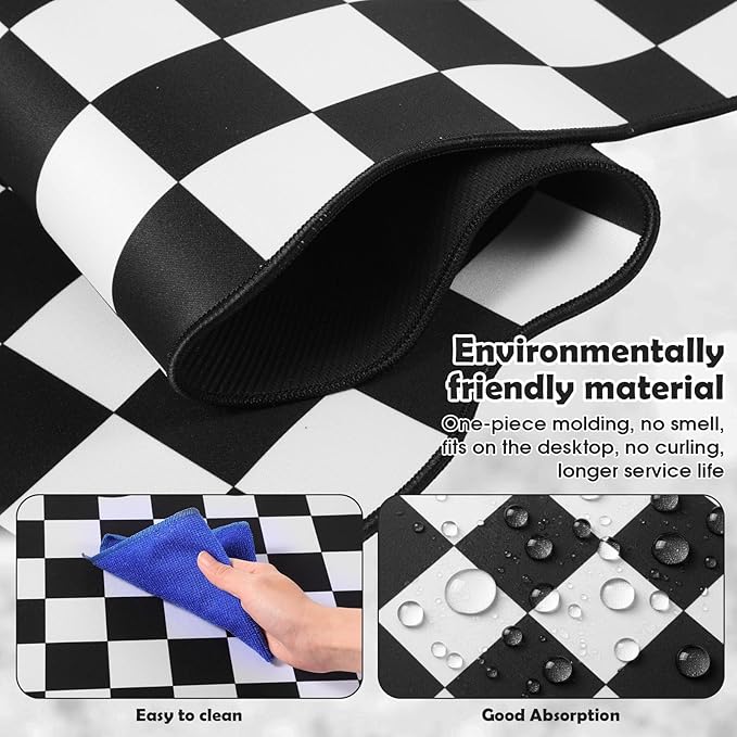 1 Pcs Black Scalloped Checkered Desk Mat 31.5 x 11.8 Inch Large Cute Mouse Pad Computer Mat Non Slip Waterproof Rubber Base with Border Stitching Soft Keyboard Pad for Home Office Gaming Makeup