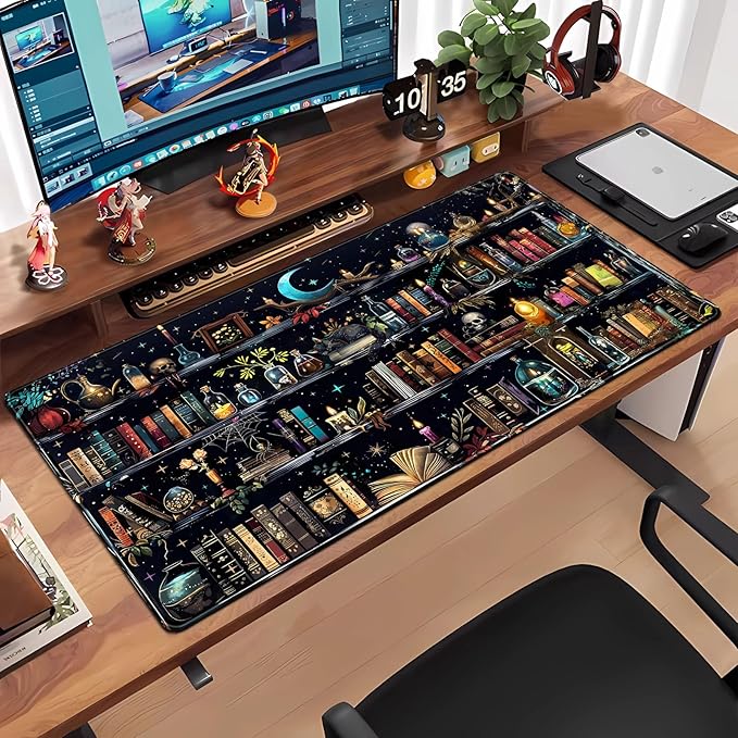 Bookshelf Desk Mat Black Library Aesthetic Desk Pad Large Gaming Mouse Pad 31.5x15.7 in Bookcase XXL Extended Mousepad Book Keyboard Mouse Mat for Work Game Office Home