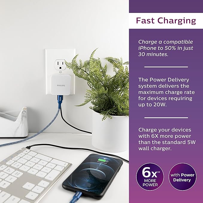 Philips iPhone USB Wall Charger Block, 20W 1 USB C Port, 2 Type A Port Charging Block for iPhone 15, 14, 13 Series, iPad, Power Adapter Cube, Foldable Plug Charging Box, DLP1032Q/37