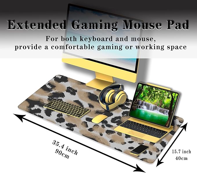 Gaming Mats XXL Keyboard and Mouse Pad - Extra Large Desk Mat for Men With Non-Slip Rubber Base 35.4 X 15.7 for Game Office, Animal Leopard Print
