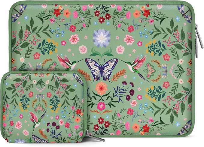 MOSISO Laptop Case 13.3 inch, 13-14 inch Laptop Sleeve Bag Compatible with MacBook Air/Pro 13/Pro 14, HP Dell Acer ASUS Lenovo, Neoprene Hummingbird Plants Flowers Computer Bag with Small Case, Green