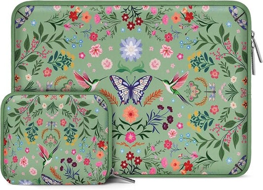 MOSISO Laptop Case 13.3 inch, 13-14 inch Laptop Sleeve Bag Compatible with MacBook Air/Pro 13/Pro 14, HP Dell Acer ASUS Lenovo, Neoprene Hummingbird Plants Flowers Computer Bag with Small Case, Green