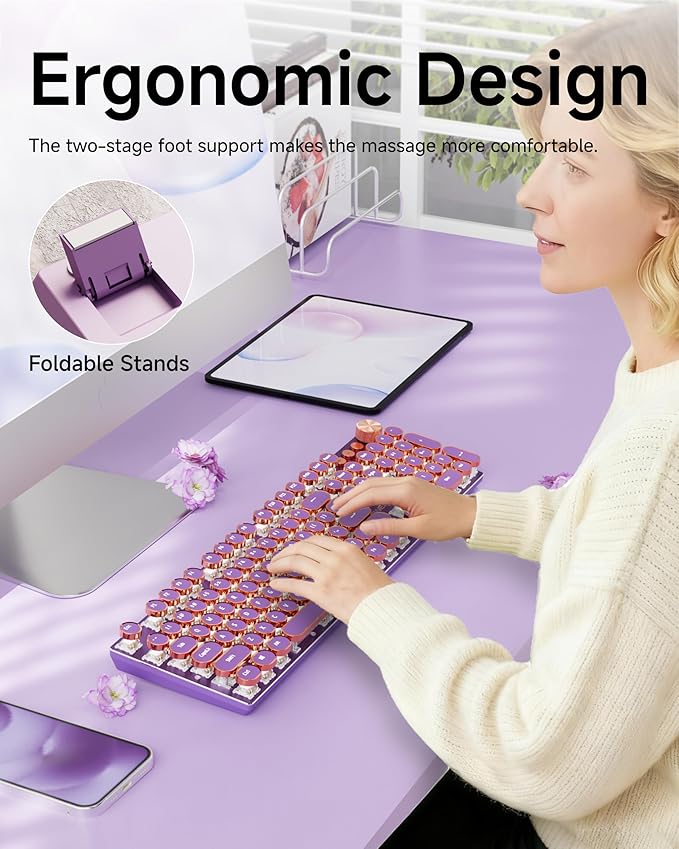 EWEADN V20 Typewriter Keyboard Wireless, 104 Keys Typewriter Style Mechanical with White Backlit, Media Knob, Pink Switch 2.4G/Bluetooth/USB-C Wired Retro Full Size Keyboard for Windows/Mac/PC-Purple