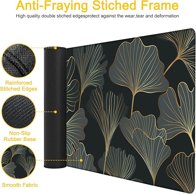 Desk Mat Ginkgo Leaves Desk Pad for Keyboard and Mouse, Large Mousepad with Stitched Edges for Work Game Office, 31.5 x 11.8 in