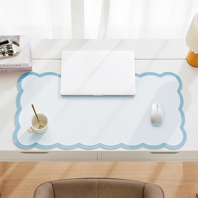 Scalloped Desk Mat, 31.5" x 15.7" Large Cute Blue Aesthetic Desk Accessories, PU Leather Computer Laptop Desk Mat Mouse Keyboard Pad, Desk Writing Makeup Mat for Vanity/Work/Home Decor