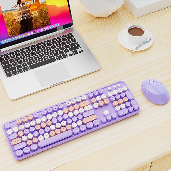Wireless Keyboard and Mouse Combo, Retro Typewriter Keyboard with Round Keycaps, Full-Size Ergonomic, Purple, Ideal for Windows PC, Home, Office, and College