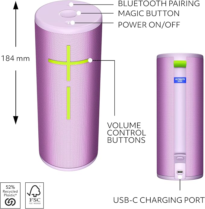 Ultimate Ears Boom 4 Portable Waterproof Bluetooth Speaker with 360-Degree, Bold, Immersive, Crystal-Clear Sound, Floating Speaker with 15-Hour Battery and 147ft (45m) Range - Lilac
