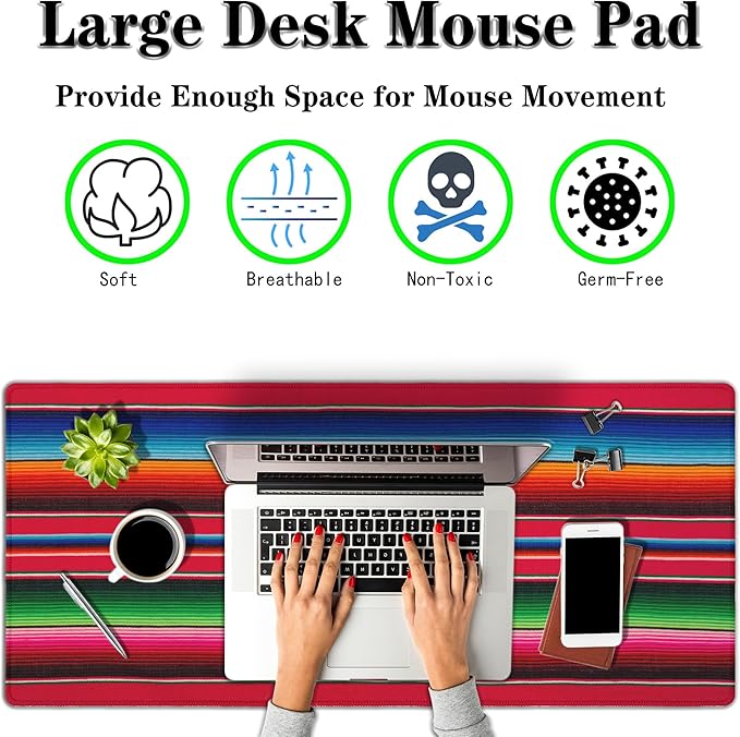 Desktop Mat Colorful, Desk Mouse Pad Gaming Desk Mats, Office Items Non-Slip Rubber Base Waterproof with Stitched Edges, 35.4 X 15.7 inch for Work/Game/Office/Home Mexican Stripes Style