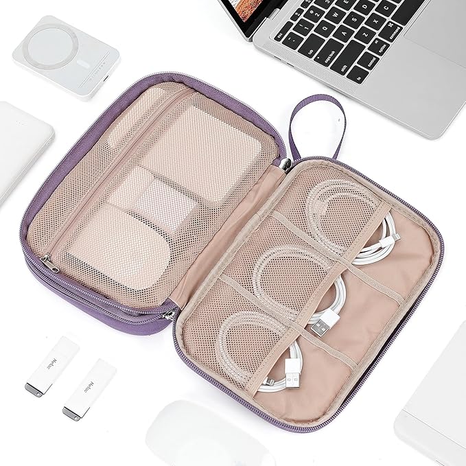 NISHEL Travel Cord Organizer Case, Double Layers Tech Electronic Bag, Essentials for Charger, Cable, Phone, Flash drive, Large, Purple