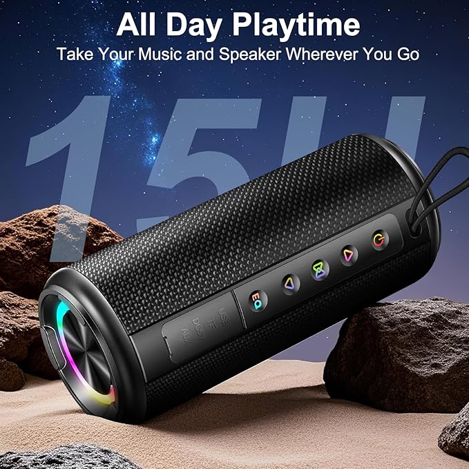 Portable Bluetooth Speaker, Bluetooth 5.4 Wireless Speaker with 20W HD Loud Stereo Sound, 15H Playtime, IP7 Waterproof, LED Lights, TWS Pairing, Built-in Mic, for Outdoor, Home, Party, Beach, Gift