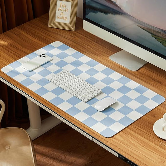 Checkered Desk Mat, Large Cute Aesthetic Retro PU Leather Computer Laptop Desk Mat, Non-Slip Waterproof Mouse Keyboard Pad, Desk Writing Mat for Work/Home (Blue, 23.6" x 13.7")