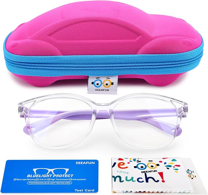 Blue Light Glasses for Kids Girls Boys with Cute Car Case, UV400 Protection, Anti Blue Ray Age3-12